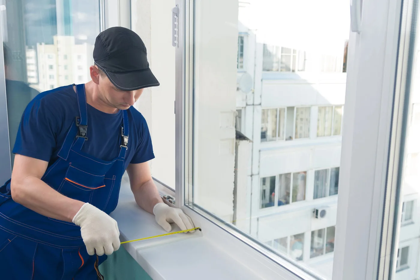 Prise de cotes au mètre ruban sur un appui de fenêtre avant remplacement